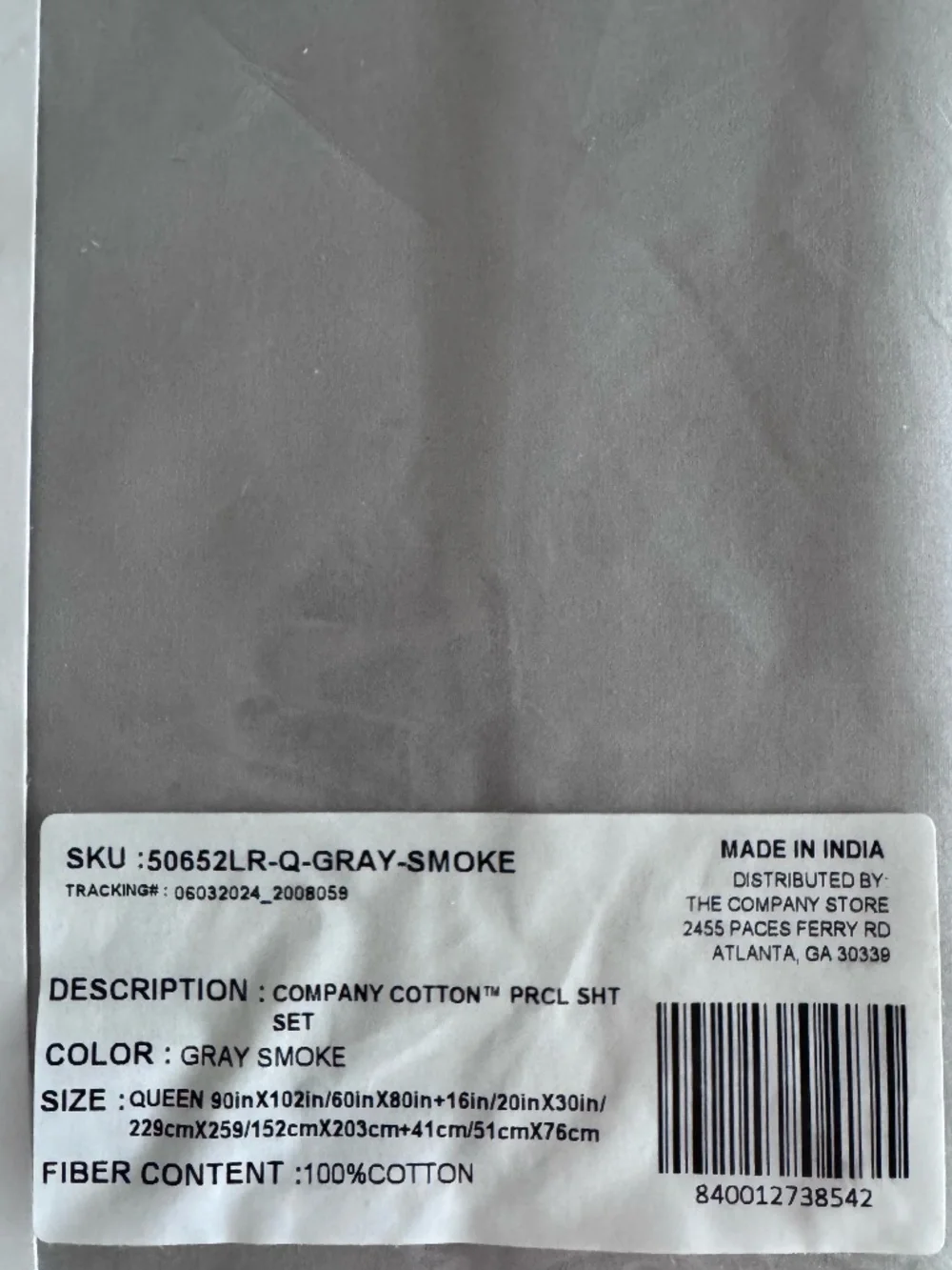 The Company Store, Classic Cool Cotton Percale Bed Sheet Set - Gray Smoke, Queen